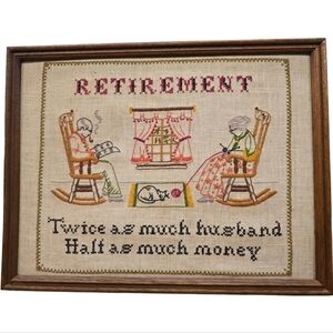 Framed Cross Stitch Home Decor Retirement Saying "Twice as Much Husband"